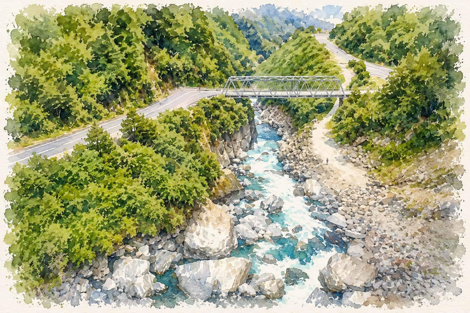 Free-things-to-do-in-haast-2 | Must Do New Zealand | Must Do New Zealand Aerial view of a rocky river canyon with turquoise water, a metal bridge, and forested green hills surrounding a winding road.