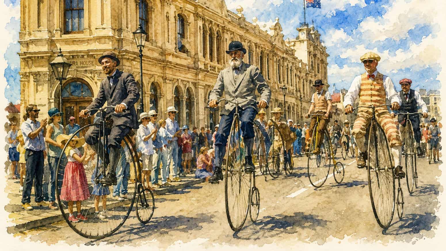 Penny-farthing-lkes-Oamaru-1 | Must Do New Zealand | Must Do New Zealand Vintage parade of high-wheel bicycles on a sunlit city street, spectators lining the pavement.